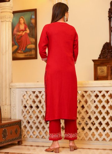 Charming Red Rayon Embroidered Trendy Salwar Kameez