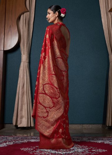 Charming Red Satin Silk Woven Trendy Saree