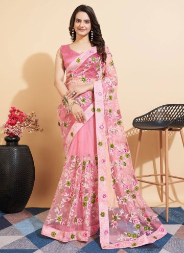 Charming Rose Pink Net Embroidered Trendy Saree