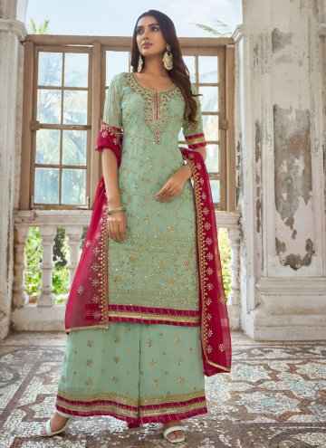 Charming Sea Green Faux Georgette Embroidered Tren