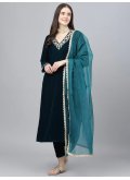 Charming Teal Velvet Hand Work Salwar Suit - 1