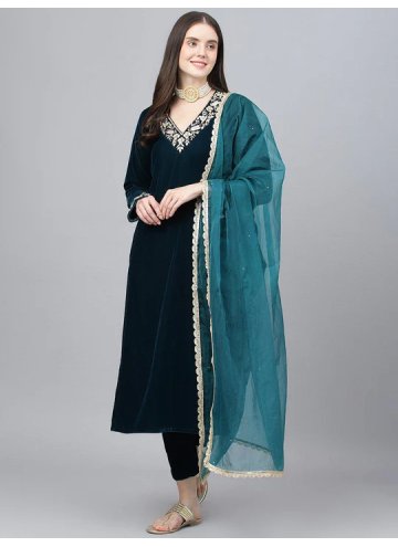 Charming Teal Velvet Hand Work Salwar Suit