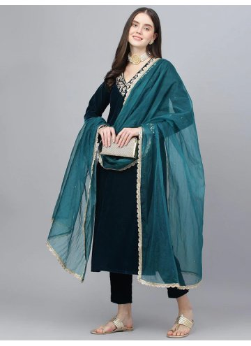 Charming Teal Velvet Hand Work Salwar Suit