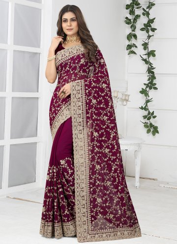 Charming Wine Georgette Embroidered Classic Designer Saree for Ceremonial