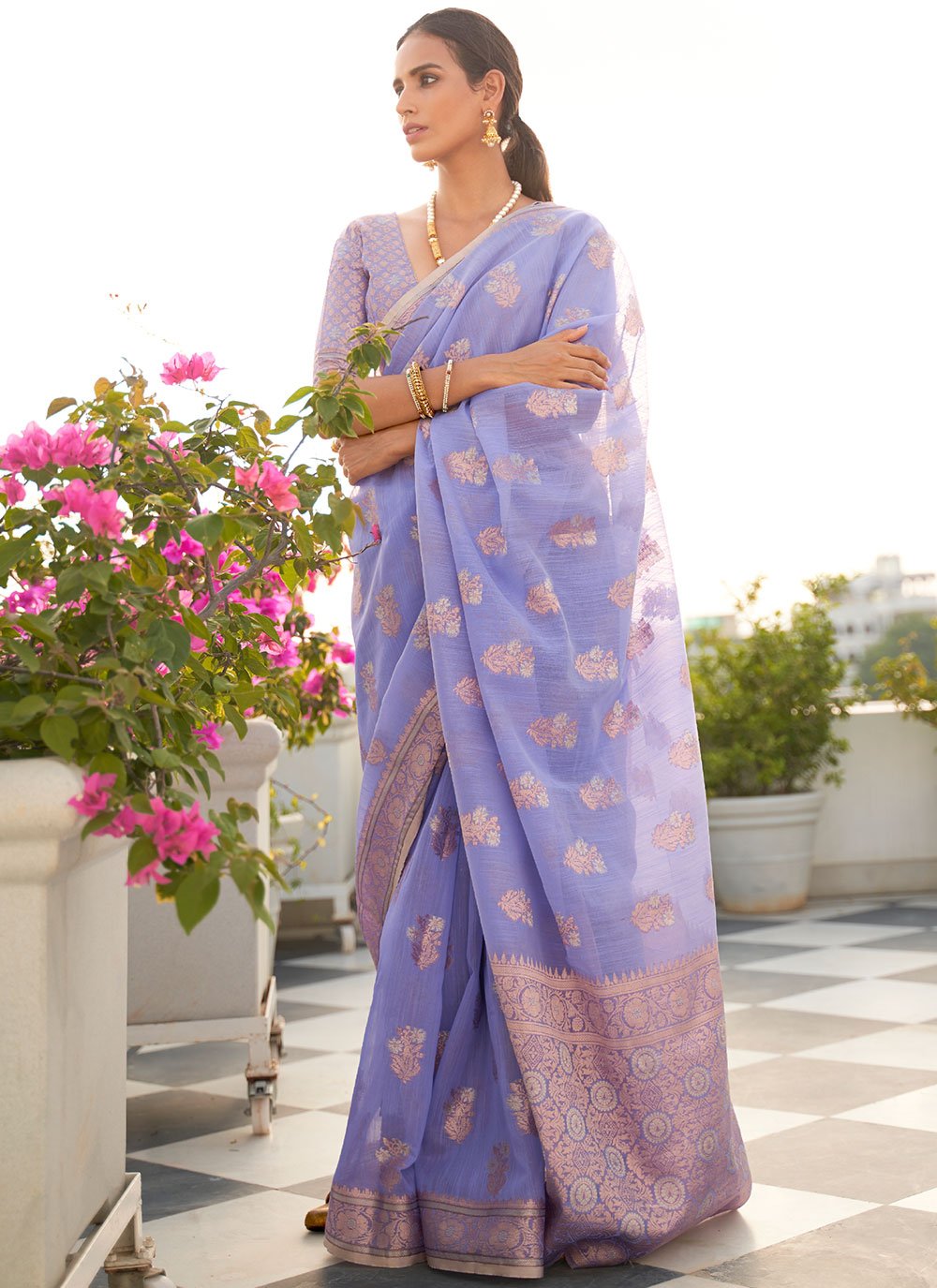 Charming Woven Linen Blue Traditional Saree