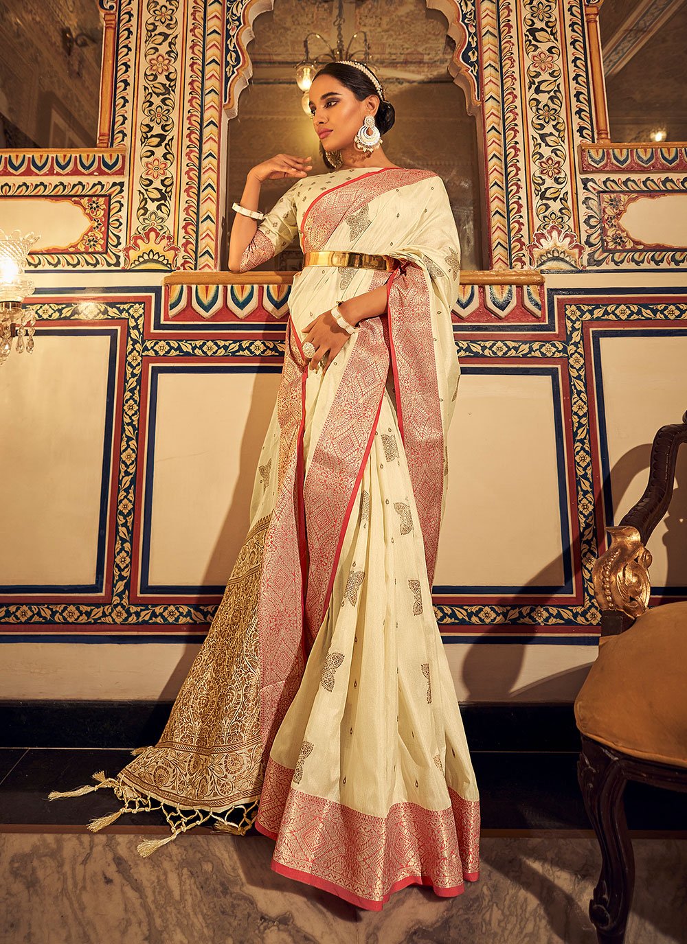 Charming Woven Tussar Silk Cream Classic Designer Saree
