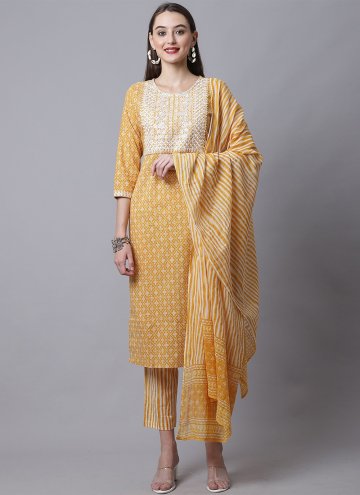 Charming Yellow Cotton  Embroidered Salwar Suit