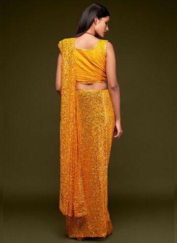 Charming Yellow Faux Georgette Sequins Work Trendy Saree for Festival