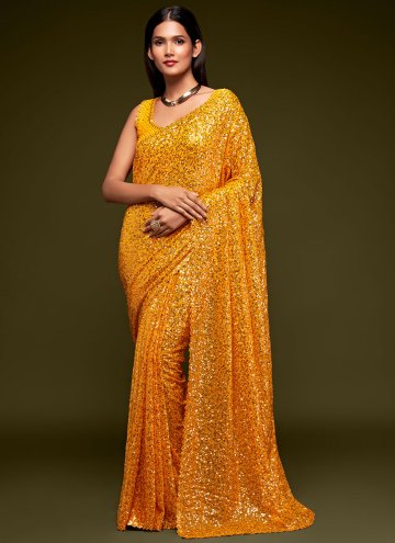 Charming Yellow Faux Georgette Sequins Work Trendy