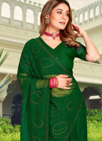 Chiffon Classic Designer Saree in Green Enhanced with Stone Work