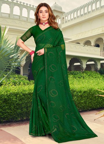 Chiffon Classic Designer Saree in Green Enhanced with Stone Work
