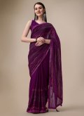 Chiffon Classic Designer Saree in Purple Enhanced with Embroidered - 1