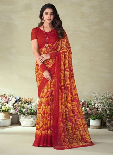 Chiffon Classic Designer Saree in Red Enhanced wit