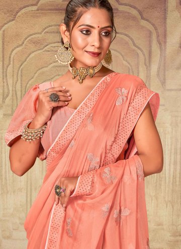 Chiffon Contemporary Saree in Peach Enhanced with Embroidered