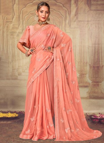 Chiffon Contemporary Saree in Peach Enhanced with Embroidered