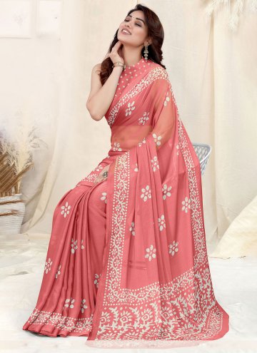 Chiffon Contemporary Saree in Peach Enhanced with Printed