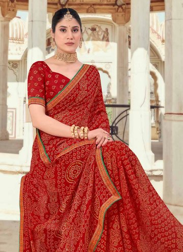 Chiffon Contemporary Saree in Red Enhanced with Printed