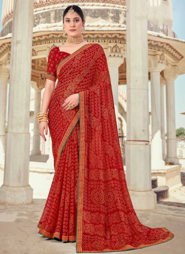 Chiffon Contemporary Saree in Red Enhanced with Pr