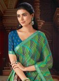 Chiffon Designer Saree in Green Enhanced with Digital Print - 1
