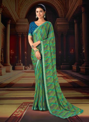 Chiffon Designer Saree in Green Enhanced with Digital Print
