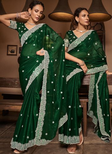 Chiffon Designer Saree in Green Enhanced with Embr
