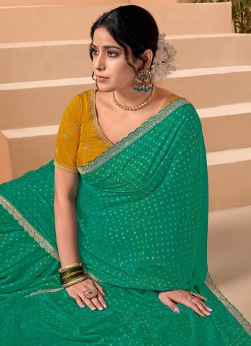 Chiffon Designer Saree in Green Enhanced with Printed