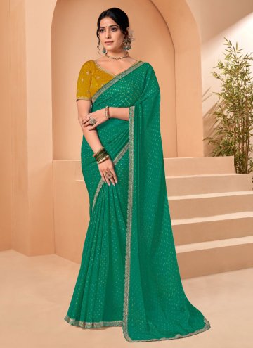 Chiffon Designer Saree in Green Enhanced with Printed
