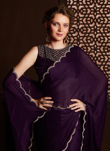 Chiffon Designer Saree in Purple Enhanced with Stone Work