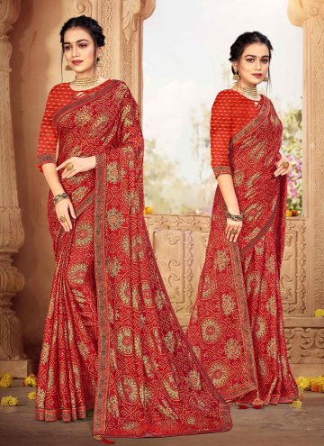 Chiffon Traditional Saree in Red Enhanced with Woven