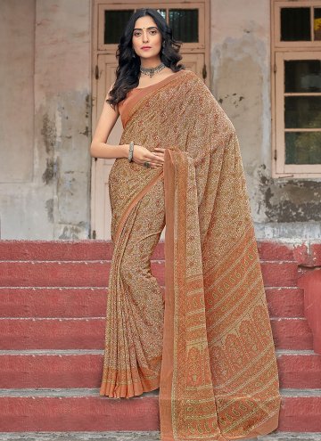 Chiffon Trendy Saree in Brown Enhanced with Printe