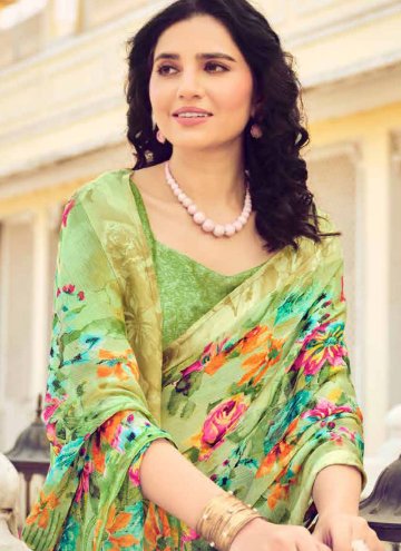 Chiffon Trendy Saree in Green Enhanced with Floral Print