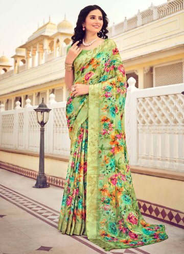 Chiffon Trendy Saree in Green Enhanced with Floral