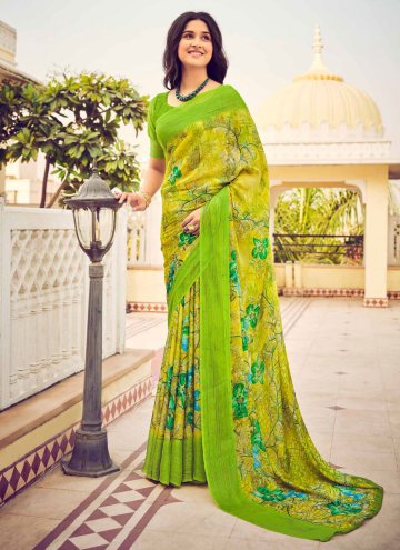 Chiffon Trendy Saree in Green Enhanced with Printe