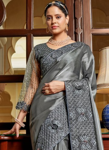 Chiffon Trendy Saree in Grey Enhanced with Embroidered