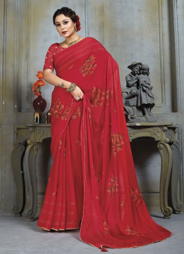 Chiffon Trendy Saree in Red Enhanced with Embroidered