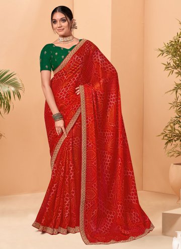 Chiffon Trendy Saree in Red Enhanced with Printed