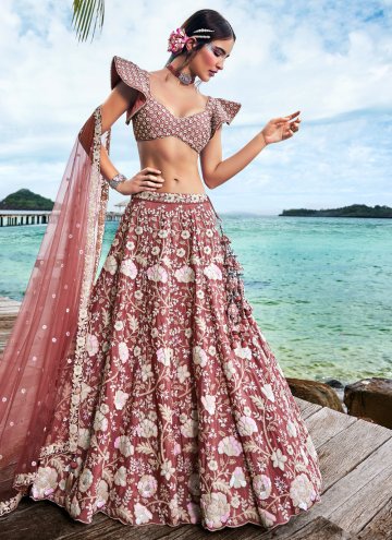 Chinon A Line Lehenga Choli in Rose Pink Enhanced with Embroidered