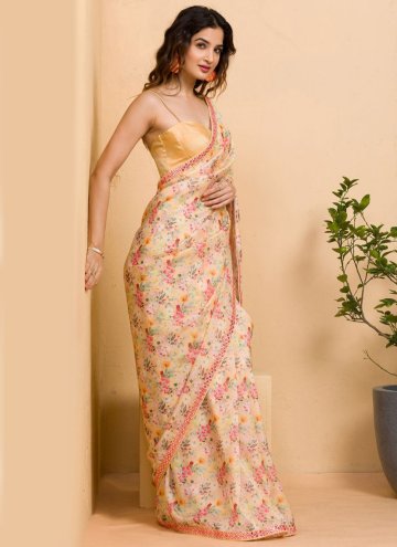 Chinon Classic Designer Saree in Cream Enhanced with Floral Print