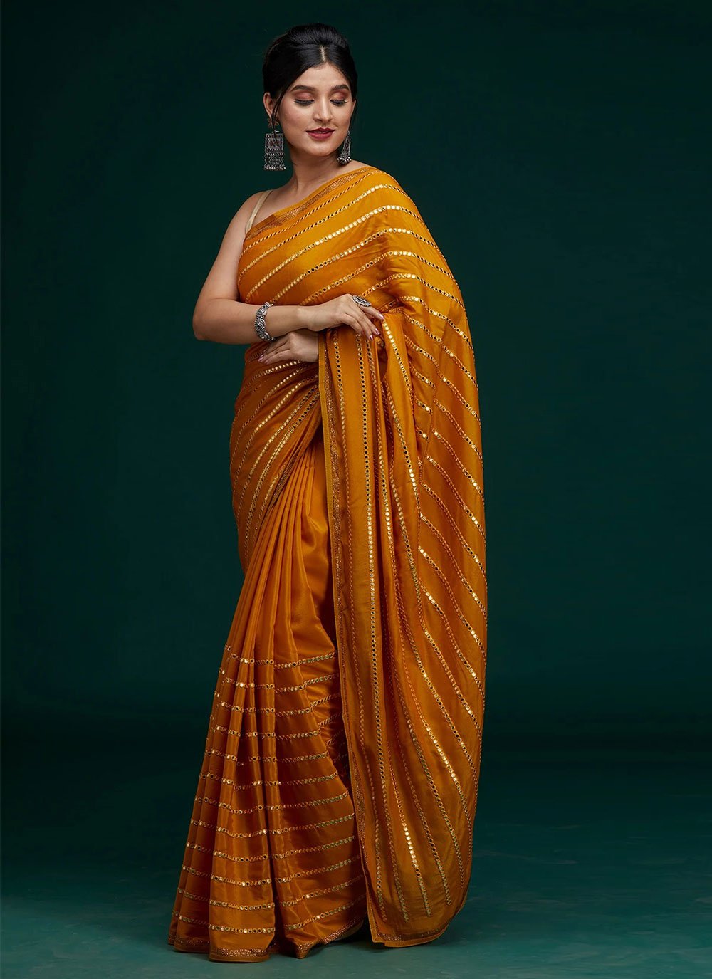 Chinon Classic Designer Saree in Mustard Enhanced with Embroidered