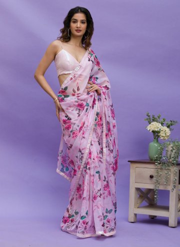 Chinon Contemporary Saree in Pink Enhanced with Di
