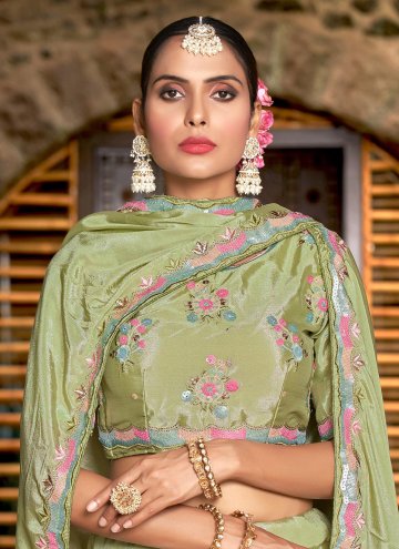 Chinon Designer Lehenga Choli in Green Enhanced with Embroidered