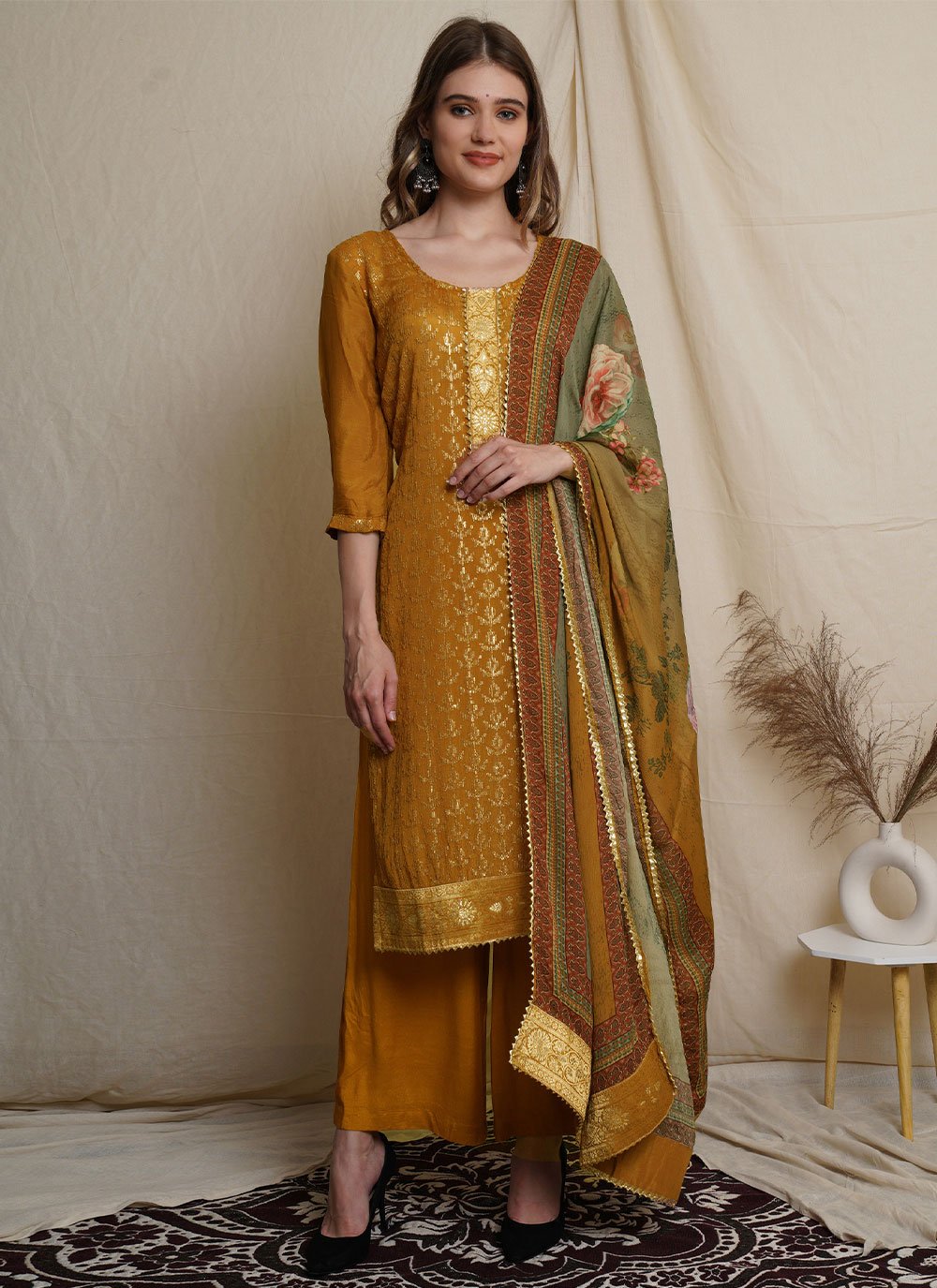 Chinon Designer Pakistani Salwar Suit in Gold Enhanced with Embroidered