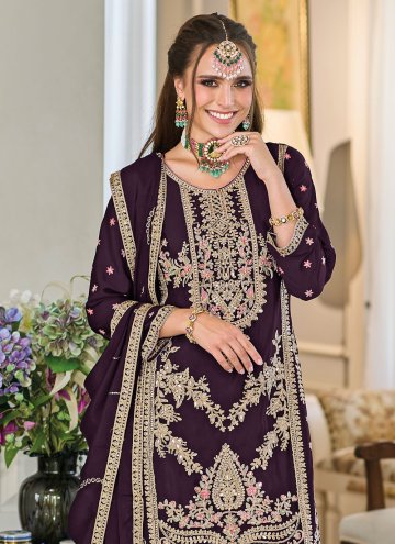 Chinon Designer Patiala Salwar Kameez in Wine Enhanced with Embroidered