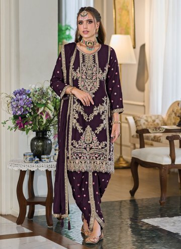 Chinon Designer Patiala Salwar Kameez in Wine Enhanced with Embroidered