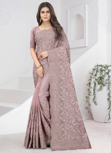 Chinon Designer Saree in Lavender Enhanced with Em