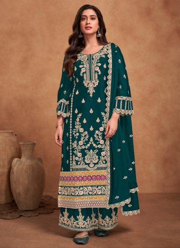 Chinon Palazzo Suit in Teal Enhanced with Embroidered