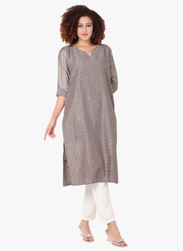 Chinon Party Wear Kurti in Grey Enhanced with Embr