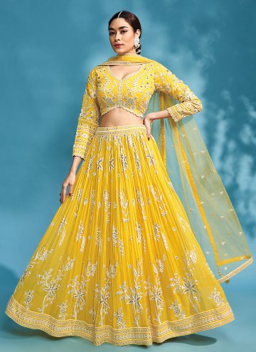Chinon Readymade Lehenga Choli in Yellow Enhanced with Embroidered