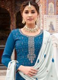 Chinon Salwar Suit in Blue Enhanced with Embroidered - 1