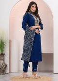 Chinon Salwar Suit in Blue Enhanced with Embroidered - 3